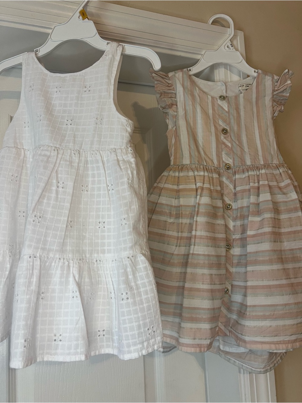 Bundle (2) Toddler Girls Dresses White Eyelet Dress & Striped Button Front Dress